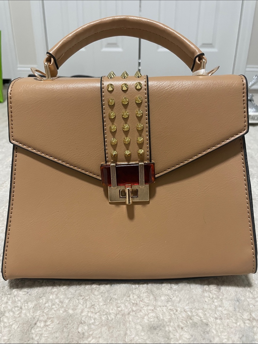 Structured Top-Handle Women’s Satchel in Tan with Gold Accents